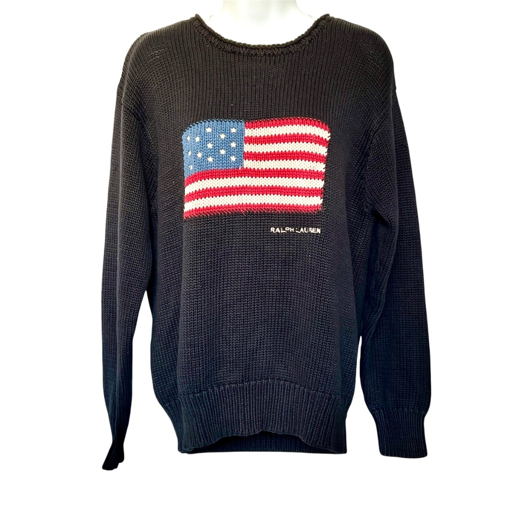 vintage Ralph Lauren Flag Sweater Size M 100% Cotton Dark Blue Hong Kong Made